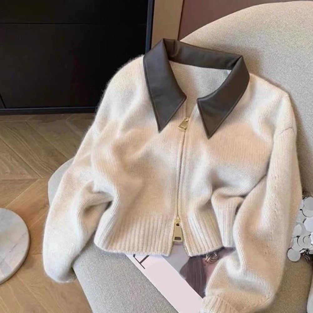 Sewing Front Zipper - Skórzany kołnierzyk, sweter rozpinany na zamek,